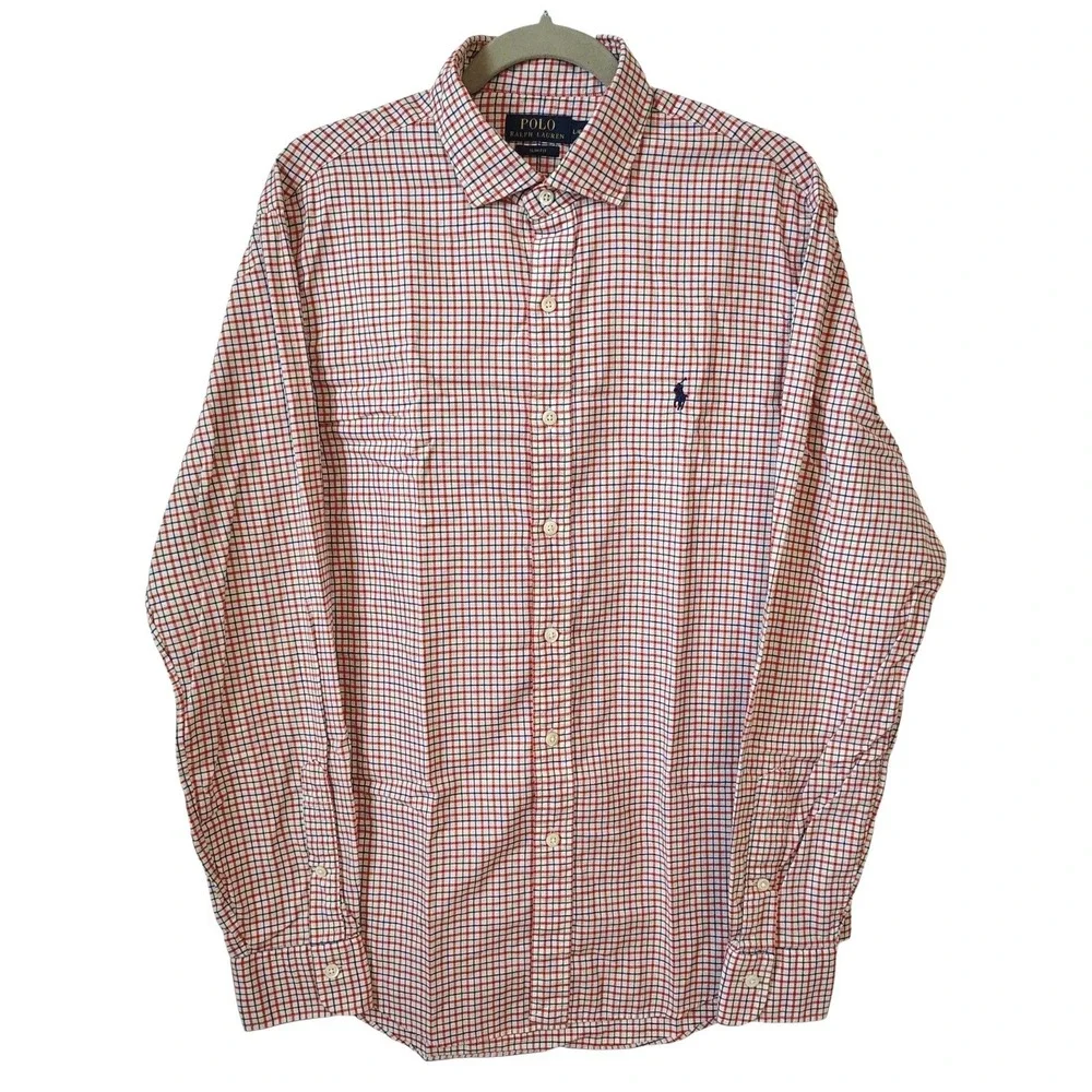 Polo Ralph Lauren Button Down Shirt Mens Large Slim Fit Orange Green Plaid Check